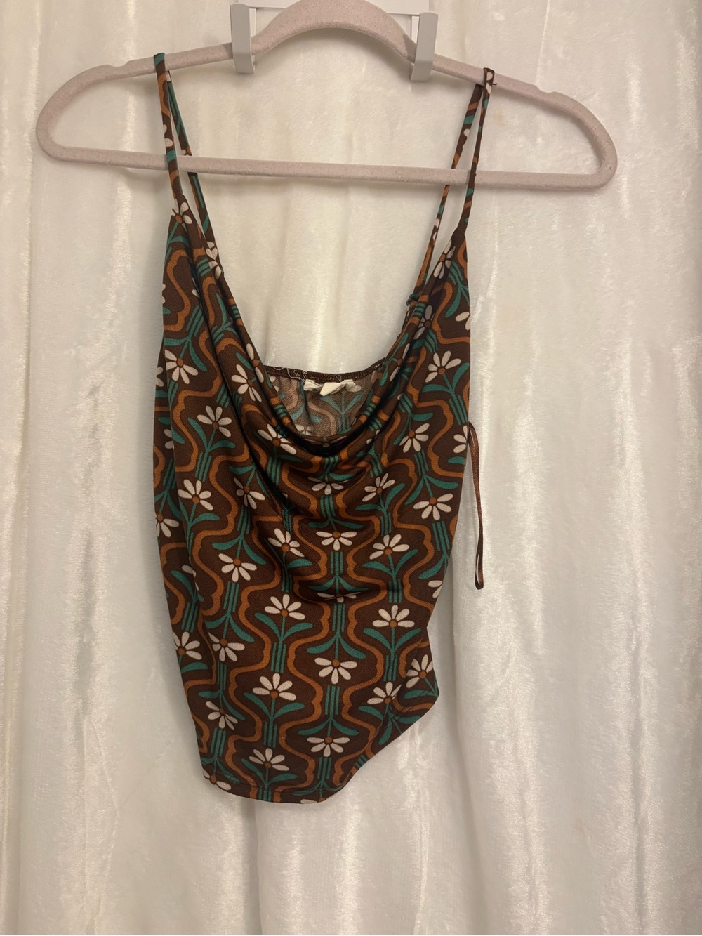 Cowl Neck Floral-Print Spaghetti Strap Tank Top - Brown & Teal